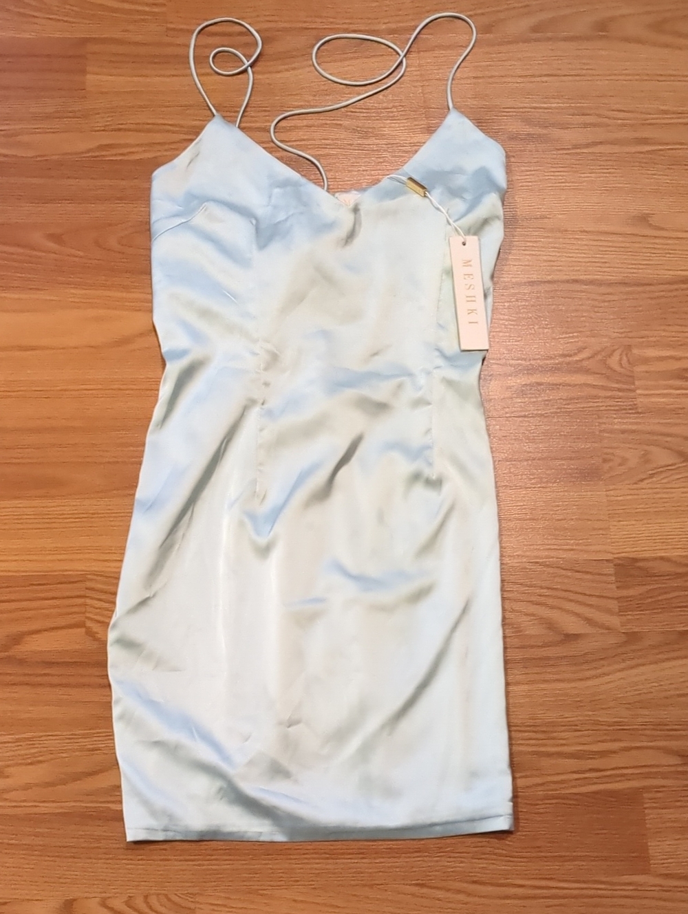 MESHKI NWT Annie Lace Up Back Satin Mini Dress Sage Size Medium - Picture 1 of 8